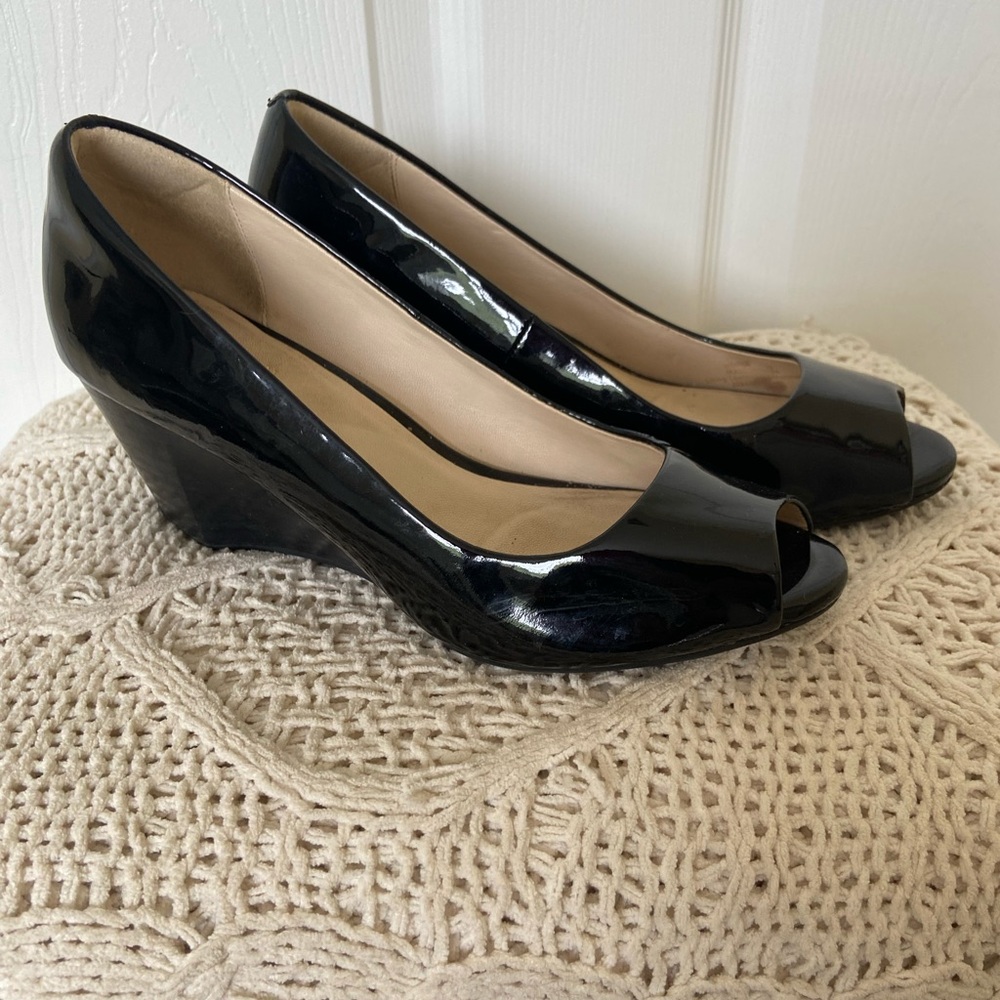 Cole Haan Glossy Black Peep Toe Heels - Picture 3 of 7